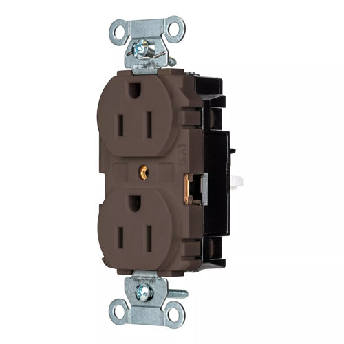 Hubbell BR15ST, EdgeConnect Commercial Grade Duplex Receptacles, Smooth Face, Screwless Terminal, 15A 125V, 5-15R, 2-Pole 3-Wire Grounding, Brown