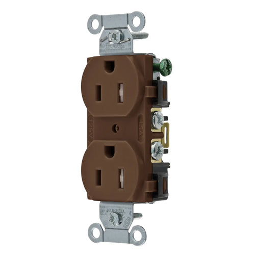 Hubbell BR15TR, Commercial Grade Duplex Receptacles, Tamper Resistant, Smooth Face, Back and Side Wired, 15A 125V, 5-15R, 2-Pole 3-Wire Grounding, Brown