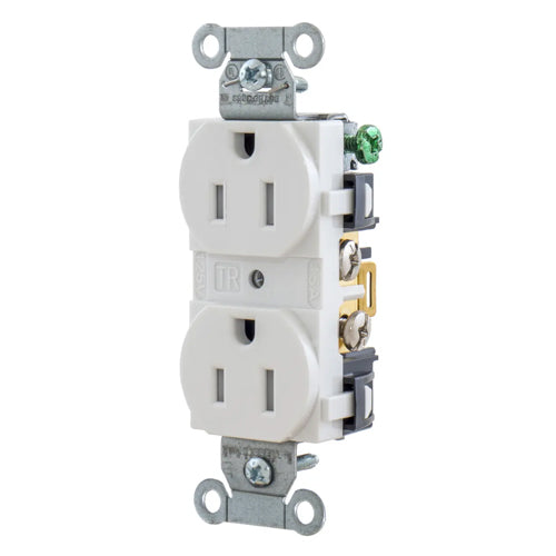 Hubbell BR15WHITR, Commercial Grade Duplex Receptacles, Tamper Resistant, Smooth Face, Back and Side Wired, 15A 125V, 5-15R, 2-Pole 3-Wire Grounding, White