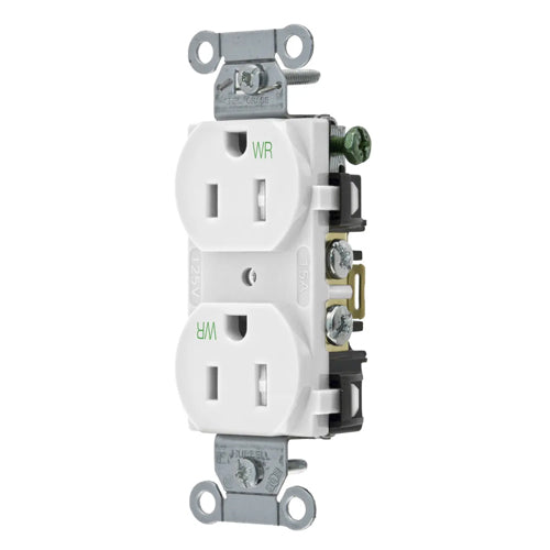 Hubbell BR15WHIWRTR, Commercial Grade Duplex Receptacles, Weather and Tamper Resistant, Smooth Face, Back and Side Wired, 15A 125V, 5-15R, 2-Pole 3-Wire Grounding, White