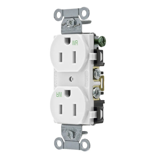 Hubbell BR15WHIWR, Commercial Grade Duplex Receptacles, Weather Resistant, Smooth Face, Back and Side Wired, 15A 125V, 5-15R, 2-Pole 3-Wire Grounding, White