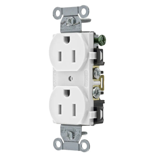 Hubbell BR15WHI, Commercial Grade Duplex Receptacles, Smooth Face, Back and Side Wired, 15A 125V, 5-15R, 2-Pole 3-Wire Grounding, White