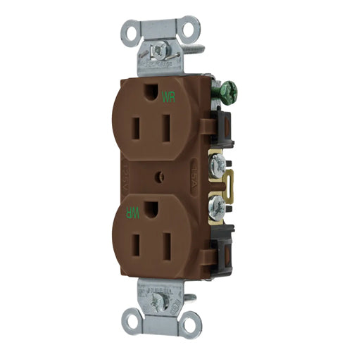 Hubbell BR15WR, Commercial Grade Duplex Receptacles, Weather Resistant, Smooth Face, Back and Side Wired, 15A 125V, 5-15R, 2-Pole 3-Wire Grounding, Brown