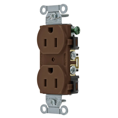 Hubbell BR15, Commercial Grade Duplex Receptacles, Smooth Face, Back and Side Wired, 15A 125V, 5-15R, 2-Pole 3-Wire Grounding, Brown