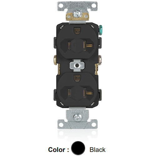 Leviton BR20-E, Standard Straight Blade Duplex Receptacle, Commercial Specification Grade, Indented Face, 20A 125V, NEMA 5-20R, 2-Pole, 3-Wire, Self-Grounding, Back and Side Wire, Black