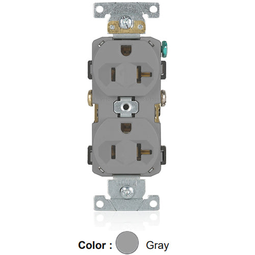 Leviton BR20-GY, Standard Straight Blade Duplex Receptacle, Commercial Specification Grade, Indented Face, 20A 125V, NEMA 5-20R, 2-Pole, 3-Wire, Self-Grounding, Back and Side Wire, Gray