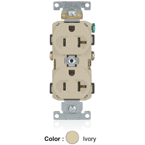 Leviton BR20-I, Standard Straight Blade Duplex Receptacle, Commercial Specification Grade, Indented Face, 20A 125V, NEMA 5-20R, 2-Pole, 3-Wire, Self-Grounding, Back and Side Wire, Ivory