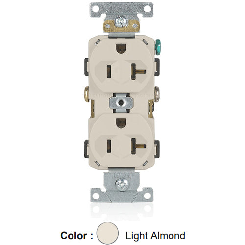Leviton BR20-T, Standard Straight Blade Duplex Receptacle, Commercial Specification Grade, Indented Face, 20A 125V, NEMA 5-20R, 2-Pole, 3-Wire, Self-Grounding, Back and Side Wire, Light Almond