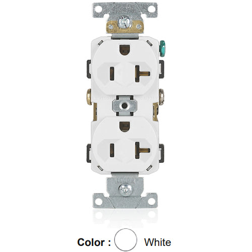 Leviton BR20-W, Standard Straight Blade Duplex Receptacle, Commercial Specification Grade, Indented Face, 20A 125V, NEMA 5-20R, 2-Pole, 3-Wire, Self-Grounding, Back and Side Wire, White