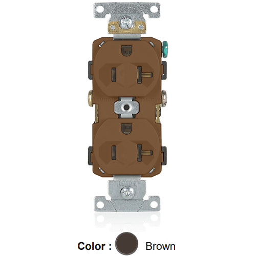 Leviton BR20, Standard Straight Blade Duplex Receptacle, Commercial Specification Grade, Indented Face, 20A 125V, NEMA 5-20R, 2-Pole, 3-Wire, Self-Grounding, Back and Side Wire, Brown