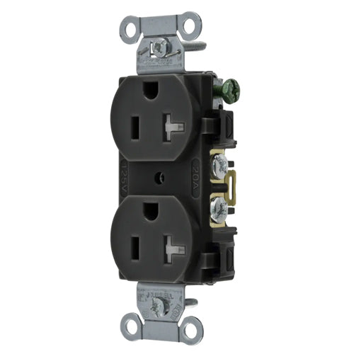 Hubbell BR20BLKTR, Commercial Grade Duplex Receptacles, Tamper Resistant, Smooth Face, Back and Side Wired, 20A 125V, 5-20R, 2-Pole 3-Wire Grounding, Black