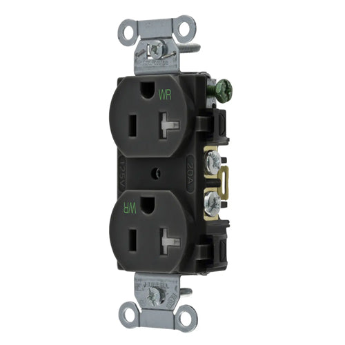 Hubbell BR20BLKWRTR, Commercial Grade Duplex Receptacles, Weather and Tamper Resistant, Smooth Face, Back and Side Wired, 20A 125V, 5-20R, 2-Pole 3-Wire Grounding, Black