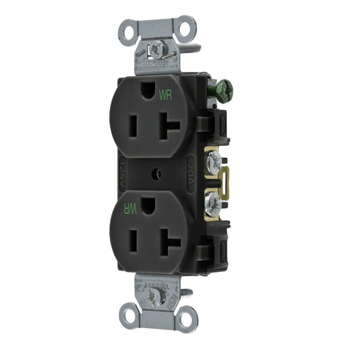 Hubbell BR20BLKWR, Commercial Grade Duplex Receptacles, Weather Resistant, Smooth Face, Back and Side Wired, 20A 125V, 5-20R, 2-Pole 3-Wire Grounding, Black