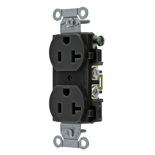 Hubbell BR20BLK, Commercial Grade Duplex Receptacles, Smooth Face, Back and Side Wired, 20A 125V, 5-20R, 2-Pole 3-Wire Grounding, Black