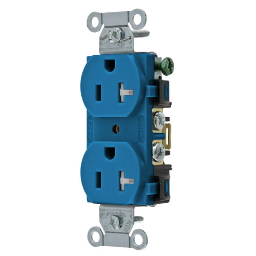 Hubbell BR20BLTR, Commercial Grade Duplex Receptacles, Tamper Resistant, Smooth Face, Back and Side Wired, 20A 125V, 5-20R, 2-Pole 3-Wire Grounding, Blue