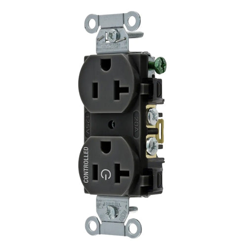 Hubbell BR20C1BLK, Permanently Marked Duplex Receptacles, Commercial Grade, Smooth Face, One Controlled Face, Split Circuit Hot Tab, Back and Side Wired, 20A 125V, 5-20R, 2-Pole 3-Wire Grounding, Black