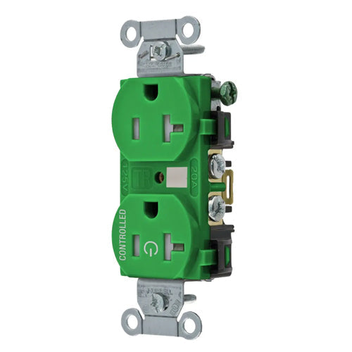 Hubbell BR20C1GNTR, Permanently Marked Duplex Receptacles, Tamper Resistant, Commercial Grade, One Controlled Face, Split Circuit Hot Tab, Back and Side Wired, 20A 125V, 5-20R, 2-Pole 3-Wire Grounding, Green