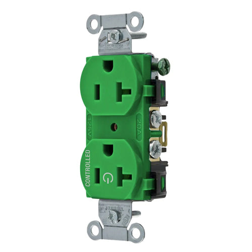 Hubbell BR20C1GN, Permanently Marked Duplex Receptacles, Commercial Grade, Smooth Face, One Controlled Face, Split Circuit Hot Tab, Back and Side Wired, 20A 125V, 5-20R, 2-Pole 3-Wire Grounding, Green