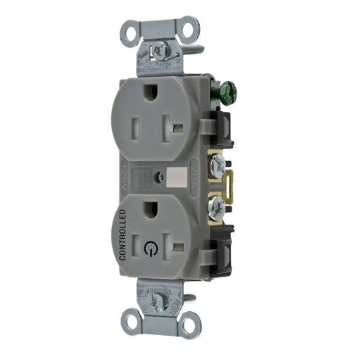 Hubbell BR20C1GRYTR, Permanently Marked Duplex Receptacles, Tamper Resistant, Commercial Grade, One Controlled Face, Split Circuit Hot Tab, Back and Side Wired, 20A 125V, 5-20R, 2-Pole 3-Wire Grounding, Gray