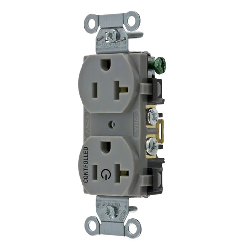 Hubbell BR20C1GRY, Permanently Marked Duplex Receptacles, Commercial Grade, Smooth Face, One Controlled Face, Split Circuit Hot Tab, Back and Side Wired, 20A 125V, 5-20R, 2-Pole 3-Wire Grounding, Gray