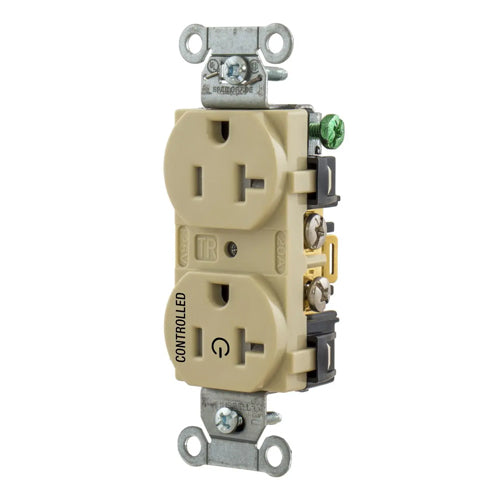 Hubbell BR20C1ITR, Permanently Marked Duplex Receptacles, Tamper Resistant, Commercial Grade, One Controlled Face, Split Circuit Hot Tab, Back and Side Wired, 20A 125V, 5-20R, 2-Pole 3-Wire Grounding, Ivory