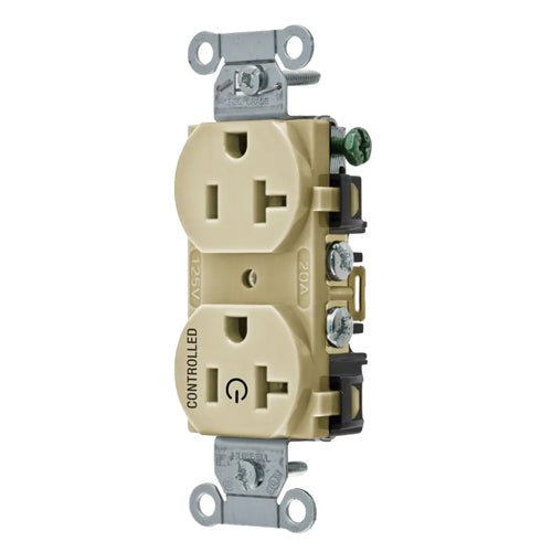 Hubbell BR20C1I, Permanently Marked Duplex Receptacles, Commercial Grade, Smooth Face, One Controlled Face, Split Circuit Hot Tab, Back and Side Wired, 20A 125V, 5-20R, 2-Pole 3-Wire Grounding, Ivory