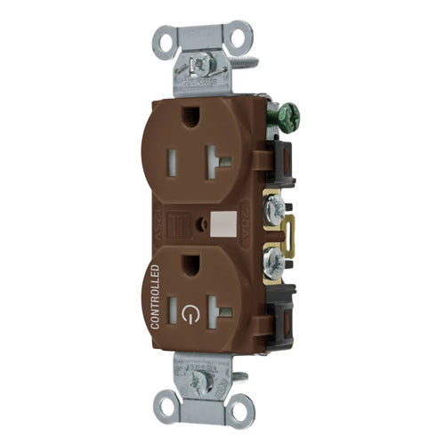 Hubbell BR20C1TR, Permanently Marked Duplex Receptacles, Tamper Resistant, Commercial Grade, One Controlled Face, Split Circuit Hot Tab, Back and Side Wired, 20A 125V, 5-20R, 2-Pole 3-Wire Grounding, Brown