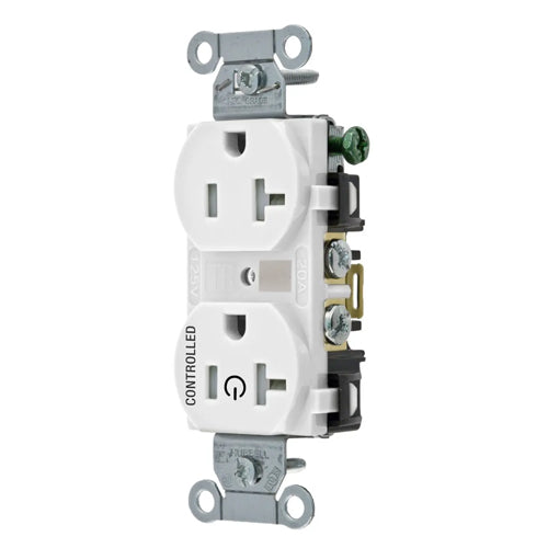 Hubbell BR20C1WHITR, Permanently Marked Duplex Receptacles, Tamper Resistant, Commercial Grade, One Controlled Face, Split Circuit Hot Tab, Back and Side Wired, 20A 125V, 5-20R, 2-Pole 3-Wire Grounding, White