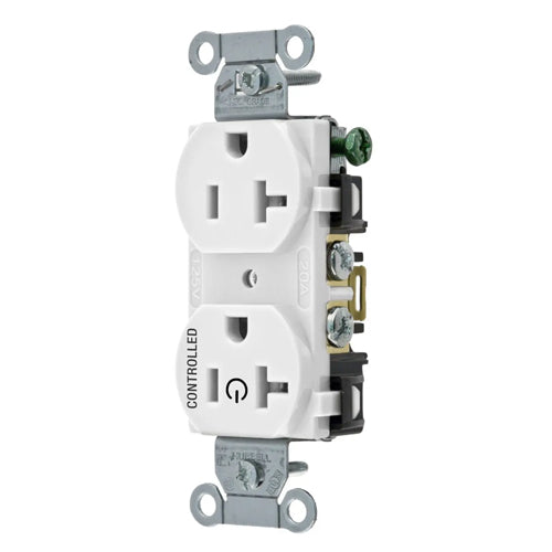 Hubbell BR20C1WHI, Permanently Marked Duplex Receptacles, Commercial Grade, Smooth Face, One Controlled Face, Split Circuit Hot Tab, Back and Side Wired, 20A 125V, 5-20R, 2-Pole 3-Wire Grounding, White