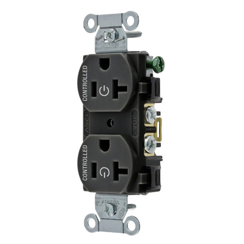 Hubbell BR20C2BLK, Permanently Marked Duplex Receptacles, Commercial Grade, Two Controlled Faces, Back and Side Wired, 20A 125V, 5-20R, 2-Pole 3-Wire Grounding, Black