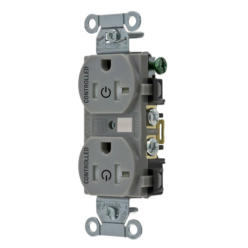 Hubbell BR20C2GRYTR, Permanently Marked Duplex Receptacles, Tamper Resistant, Commercial Grade, Two Controlled Faces, Back and Side Wired, 20A 125V, 5-20R, 2-Pole 3-Wire Grounding, Gray