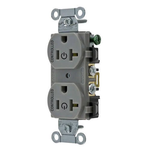 Hubbell BR20C2GRY, Permanently Marked Duplex Receptacles, Commercial Grade, Two Controlled Faces, Back and Side Wired, 20A 125V, 5-20R, 2-Pole 3-Wire Grounding, Gray