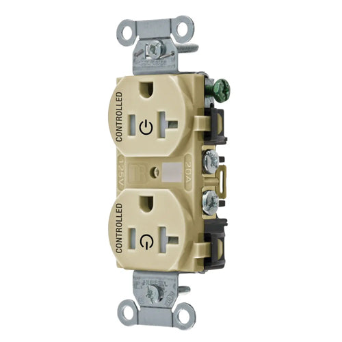 Hubbell BR20C2ITR, Permanently Marked Duplex Receptacles, Tamper Resistant, Commercial Grade, Two Controlled Faces, Back and Side Wired, 20A 125V, 5-20R, 2-Pole 3-Wire Grounding, Ivory