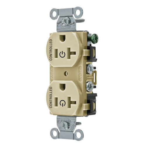 Hubbell BR20C2I, Permanently Marked Duplex Receptacles, Commercial Grade, Two Controlled Faces, Back and Side Wired, 20A 125V, 5-20R, 2-Pole 3-Wire Grounding, Ivory