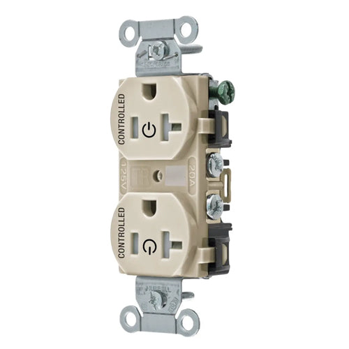 Hubbell BR20C2LATR, Permanently Marked Duplex Receptacles, Tamper Resistant, Commercial Grade, Two Controlled Faces, Back and Side Wired, 20A 125V, 5-20R, 2-Pole 3-Wire Grounding, Light Almond