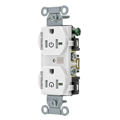 Hubbell BR20C2WHITR, Permanently Marked Duplex Receptacles, Tamper Resistant, Commercial Grade, Two Controlled Faces, Back and Side Wired, 20A 125V, 5-20R, 2-Pole 3-Wire Grounding, White