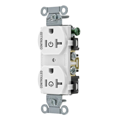 Hubbell BR20C2WHI, Permanently Marked Duplex Receptacles, Commercial Grade, Two Controlled Faces, Back and Side Wired, 20A 125V, 5-20R, 2-Pole 3-Wire Grounding, White