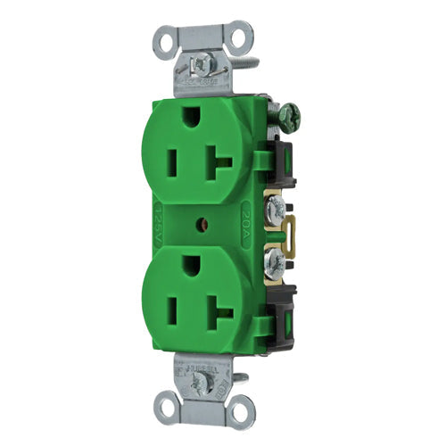 Hubbell BR20GN, Commercial Grade Duplex Receptacles, Smooth Face, Back and Side Wired, 20A 125V, 5-20R, 2-Pole 3-Wire Grounding, Green