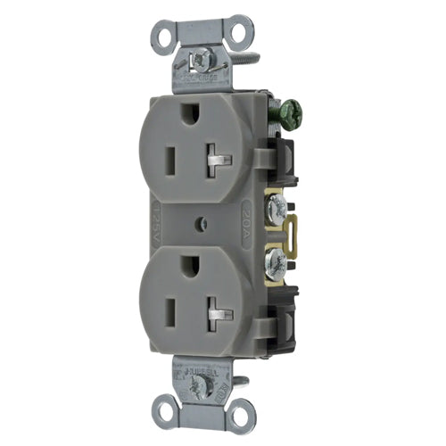 Hubbell BR20GRYTR, Commercial Grade Duplex Receptacles, Tamper Resistant, Smooth Face, Back and Side Wired, 20A 125V, 5-20R, 2-Pole 3-Wire Grounding, Gray