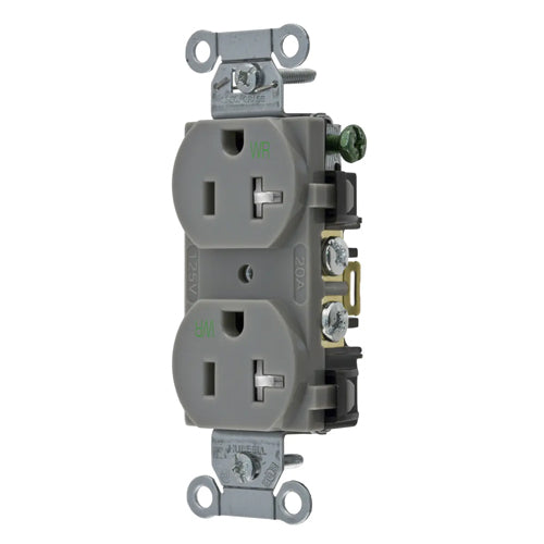 Hubbell BR20GRYWRTR, Commercial Grade Duplex Receptacles, Weather and Tamper Resistant, Smooth Face, Back and Side Wired, 20A 125V, 5-20R, 2-Pole 3-Wire Grounding, Gray