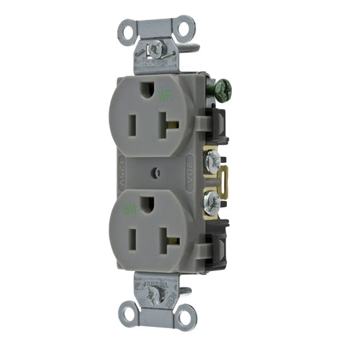 Hubbell BR20GRYWR, Commercial Grade Duplex Receptacles, Weather Resistant, Smooth Face, Back and Side Wired, 20A 125V, 5-20R, 2-Pole 3-Wire Grounding, Gray