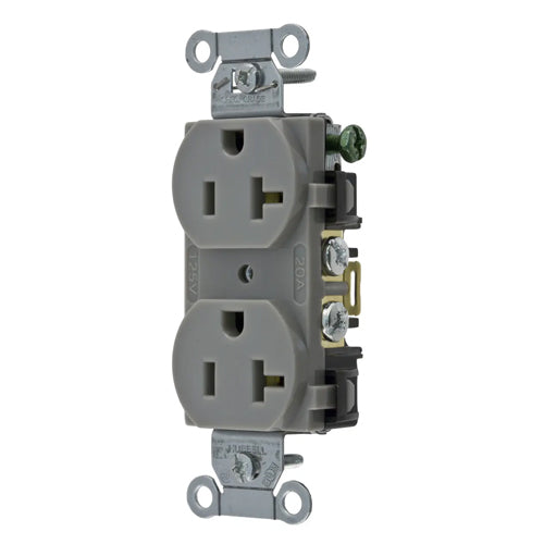 Hubbell BR20GRY, Commercial Grade Duplex Receptacles, Smooth Face, Back and Side Wired, 20A 125V, 5-20R, 2-Pole 3-Wire Grounding, Gray