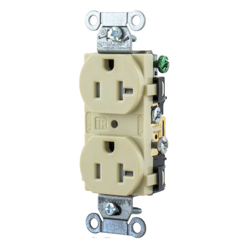 Hubbell BR20ITR, Commercial Grade Duplex Receptacles, Tamper Resistant, Smooth Face, Back and Side Wired, 20A 125V, 5-20R, 2-Pole 3-Wire Grounding, Ivory