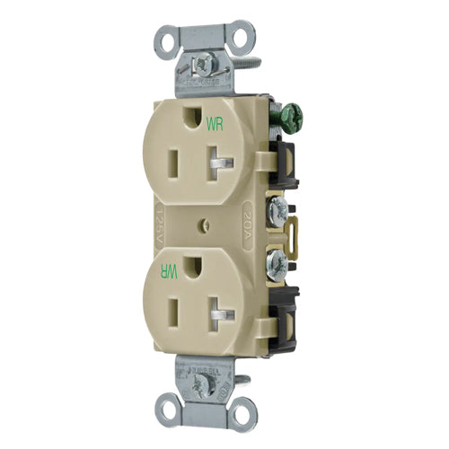 Hubbell BR20IWRTR, Commercial Grade Duplex Receptacles, Weather and Tamper Resistant, Smooth Face, Back and Side Wired, 20A 125V, 5-20R, 2-Pole 3-Wire Grounding, Ivory