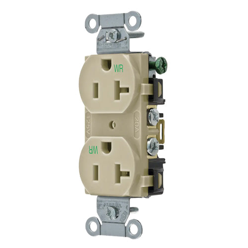 Hubbell BR20IWR, Commercial Grade Duplex Receptacles, Weather Resistant, Smooth Face, Back and Side Wired, 20A 125V, 5-20R, 2-Pole 3-Wire Grounding, Ivory