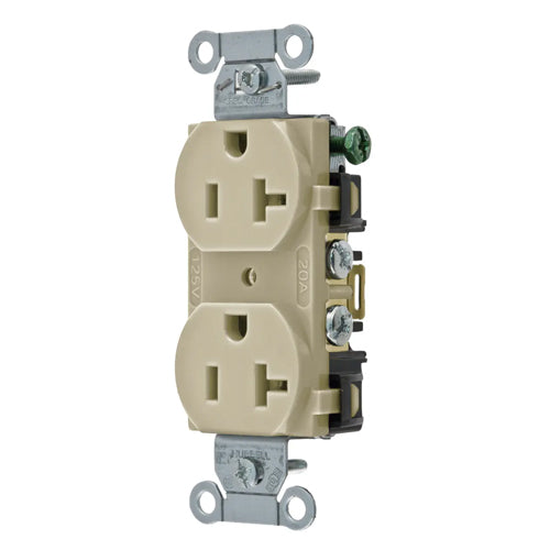 Hubbell BR20I, Commercial Grade Duplex Receptacles, Smooth Face, Back and Side Wired, 20A 125V, 5-20R, 2-Pole 3-Wire Grounding, Ivory