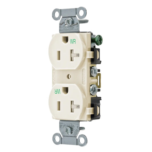 Hubbell BR20LAWRTR, Commercial Grade Duplex Receptacles, Weather and Tamper Resistant, Smooth Face, Back and Side Wired, 20A 125V, 5-20R, 2-Pole 3-Wire Grounding, Light Almond