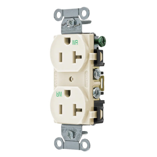 Hubbell BR20LAWR, Commercial Grade Duplex Receptacles, Weather Resistant, Smooth Face, Back and Side Wired, 20A 125V, 5-20R, 2-Pole 3-Wire Grounding, Light Almond