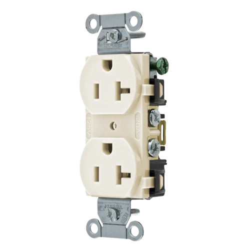 Hubbell BR20LA, Commercial Grade Duplex Receptacles, Smooth Face, Back and Side Wired, 20A 125V, 5-20R, 2-Pole 3-Wire Grounding, Light Almond