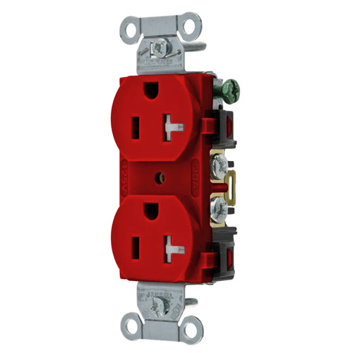 Hubbell BR20RTR, Commercial Grade Duplex Receptacles, Tamper Resistant, Smooth Face, Back and Side Wired, 20A 125V, 5-20R, 2-Pole 3-Wire Grounding, Red